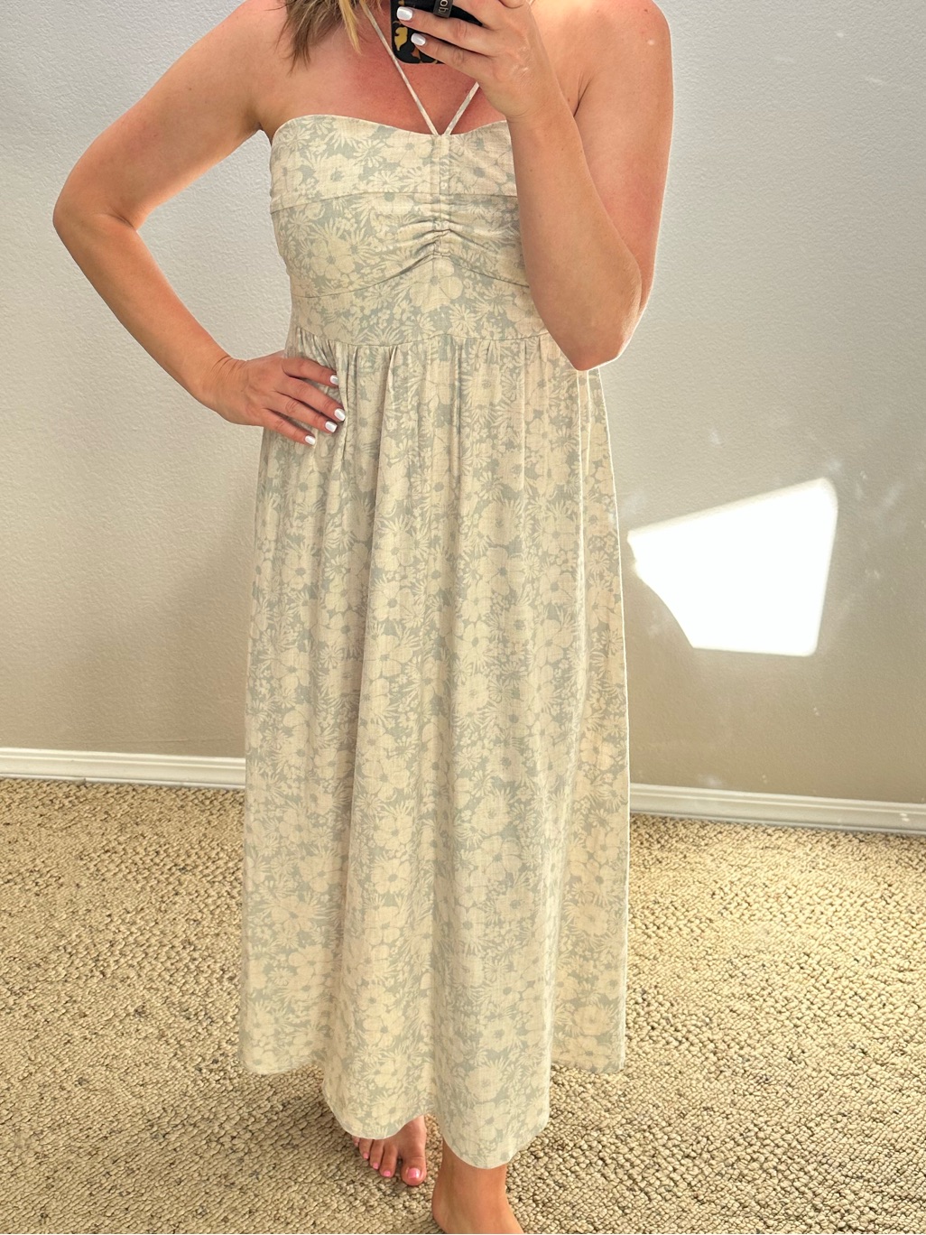 Gentle Fawn Neutral Floral Strappy Dress In Light Blue And Cream